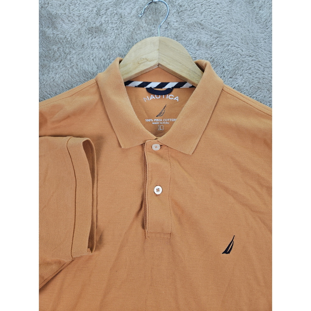 Nautica Men Polo Shirt Size L Orange 100% Pima Cotton Short Sleeve